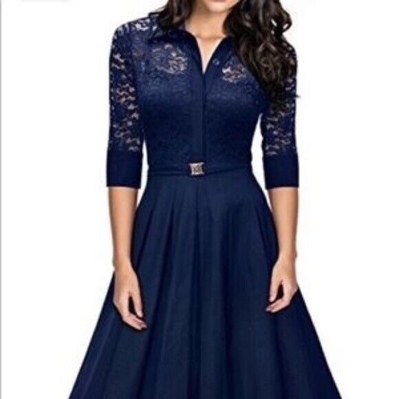 Miss May Retro Rockabilly Pin Up Blue Lace A-Line dress 3/4 sleeves Size Medium - Picture 1 of 7